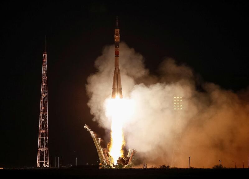 The Soyuz MS-15 spacecraft carrying the crew formed of Jessica Meir of the U.S., Oleg Skripochka of Russia and Hazzaa Ali Almansoori of United Arab Emirates blasts off to the International Space Station (ISS) from the launchpad at the Baikonur Cosmodrome, Kazakhstan September 25, 2019.  REUTERS/Shamil Zhumatov