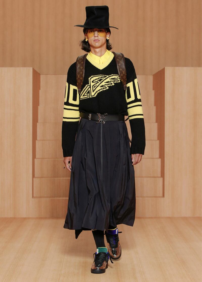 The skirted silhouette of samurai armour is the theme running through the new Louis Vuitton collection.  Courtesy Louis Vuitton