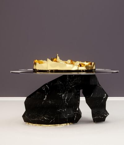 El Maoula's 'Guardian of Al Ula' table, made of marble and gold. Courtesy Miram El Maoula