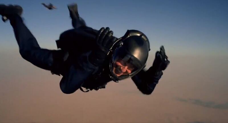 A screengrab from a video showing Tom Cruise skydiving down to a desert in Abu Dhabi as part of a stunt for Mission Impossible: Fallout. Courtesy Mission: Impossible Twitter 