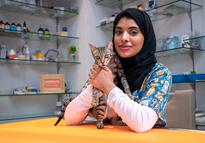 Abu Dhabi, United Arab Emirates, December 16, 2020. 
STORY BRIEF: portrait of a nation 
SUBJECT NAME: Dr. Dhabia Khalifa Al Qubaisi who started working with Animalia animal welfare as one of the first veterinary science graduates from the UAE University .
Victor Besa/The National
Section:  NA
Reporter:  Nick Webster