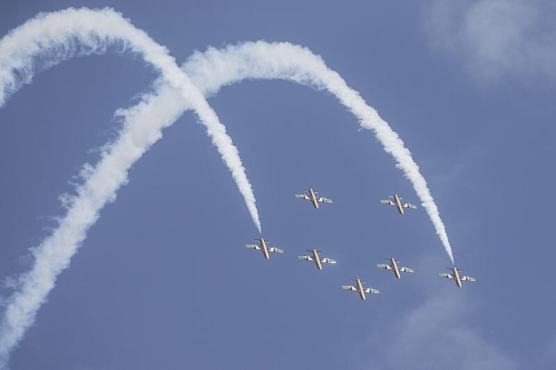 Al Fursan (The Knights), the United Arab Emirates Air Force aerobatic display team takes part in the Red Bull Air Race on Feburary 10, 2017, in Abu DhabiMona Al Marzooqi / The National