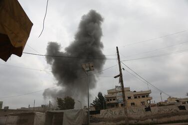 Smoke rises during fighting between government forces and rebels in Saraqib city of Idlib, Syria. EPA