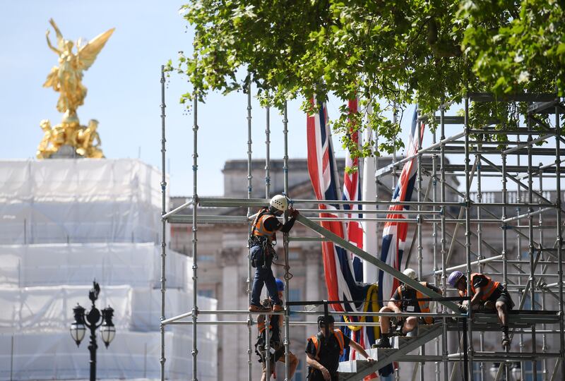 Construction work at Buckingham Palace in London before Queen Elizabeth II's platinum jubilee. EPA