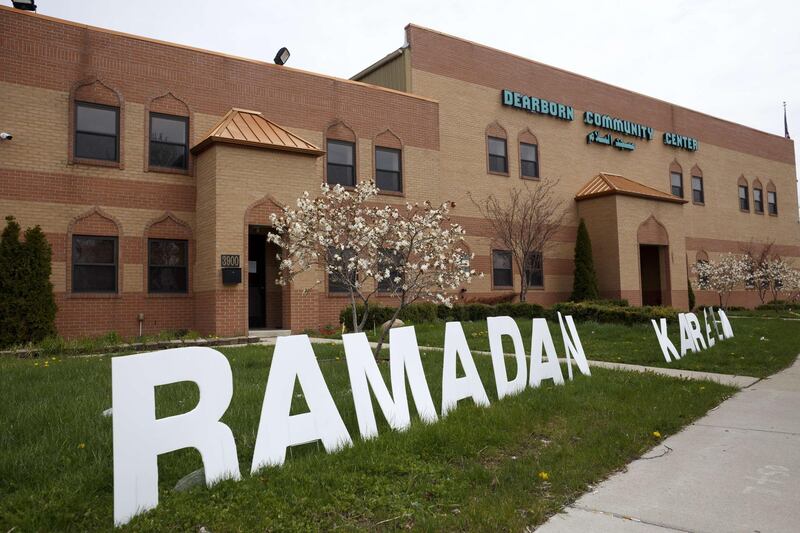 A sign that reads Ramadan Kareem near the front entrance of the Masjid Al Salaam mosque and Dearborn Community Centre on the first full day of Ramada Getty Images via AFP