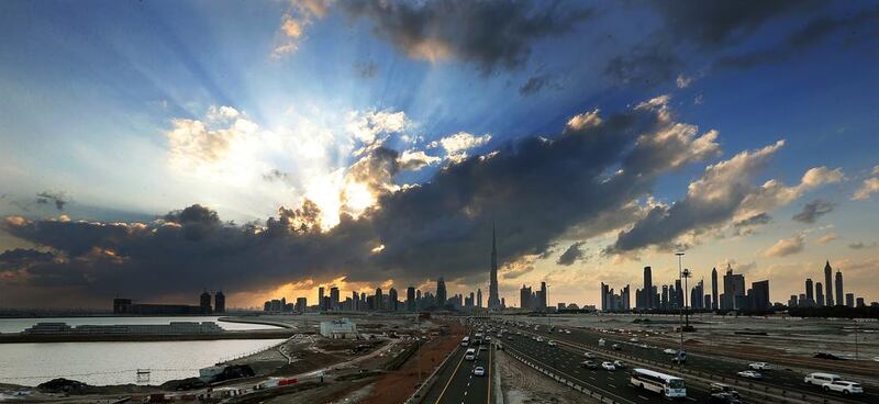 Clouds above Al Khail road in Dubai — but we need more of them. Annual rainfall is less than 100 millimetres a year and surface water evaporates quickly. Satish Kumar / The National 