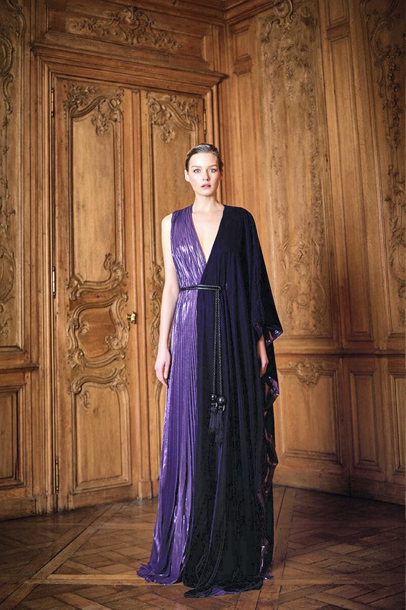 A velvet and pleated chiffon dress