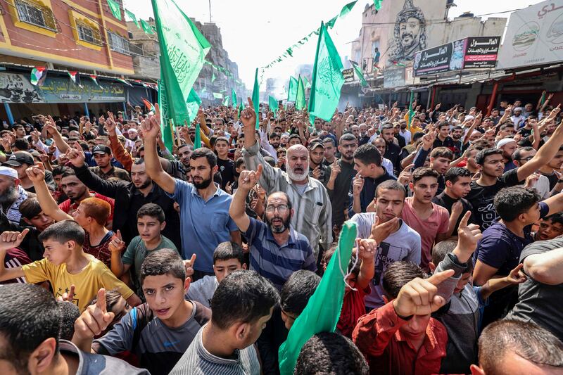 Hamas supporters demonstrate in the northern Gaza Strip on October 21, 2022, against Israel. AFP