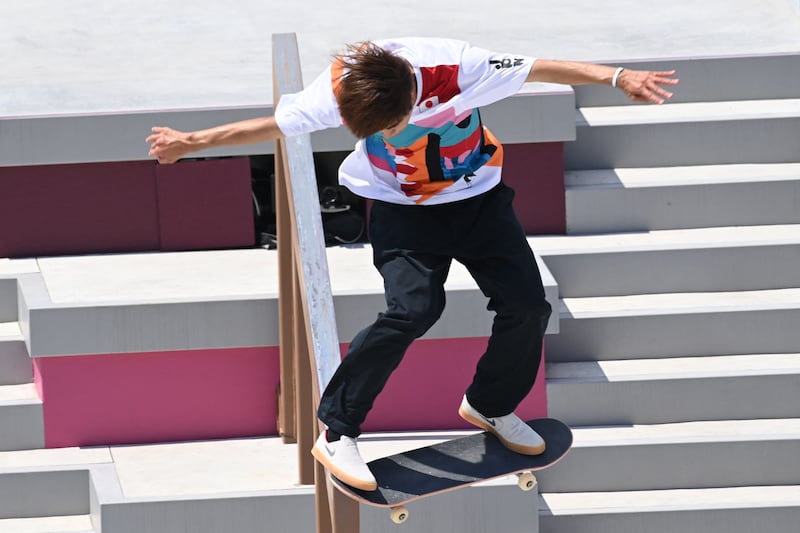 Yuto Horigome of Team Japan competes at the Skateboarding Men's Street Finals.
