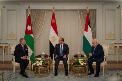 From left, King Abdullah II, Egyptian President Abdel Fattah El Sisi and his Palestinian counterpart Mahmoud Abbas. Jordanian Royal Palace / AFP