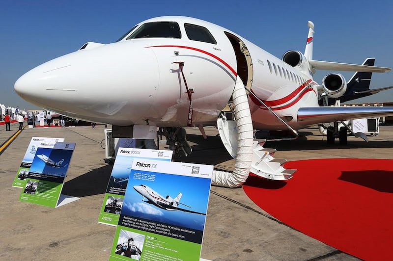 The Falcon 7X jet on display at the Abu Dhabi Air Expo at Al Bateen Executive Airport. Delores Johnson / The National