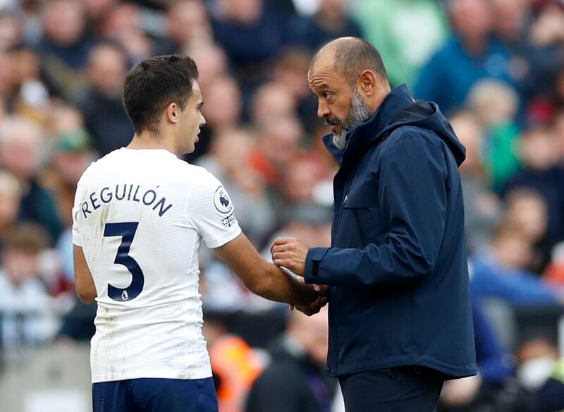Tottenham Hotspur manager Nuno Espirito Santo speaks to Sergio Reguilon after he was substituted during the defeat to West Ham. Getty
