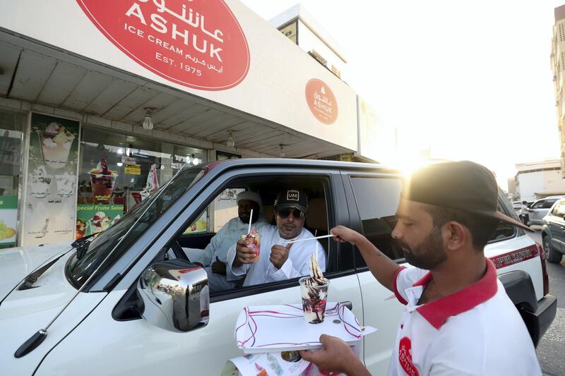 Ras Al Khaimah, United Arab Emirates - April 19th, 2018: Ice cream is served by waiters at Ashuk ice cream. Thursday, April 19th, 2018 in Ras Al Khaimah. Chris Whiteoak / The National