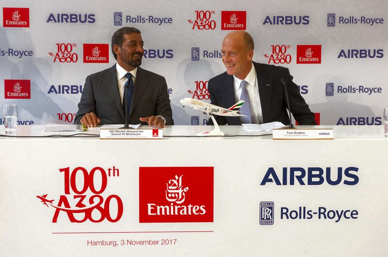 Addressing VIP guests and media at the Hamburg event; left to right, Sheikh Ahmed bin Saeed Al Maktoum, chairman and chief executive, Emirates Airline & Group and Tom Enders, chief executive of Airbus. Courtesy Emirates