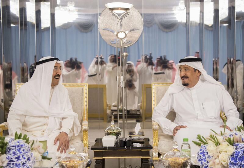 King Salman and Kuwait's Emir Sheikh Sabah in Jeddah on June 6, 2017 to discuss the GCC crisis. SAUDI ROYAL PALACE / BANDAR AL JALOUD

