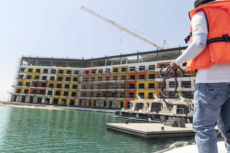 DUBAI, UNITED ARAB EMIRATES. 18 MAY 2020. The Heart of Europe project located on the World Islands of the coast of Dubai is progressing amidst the Covid-19 pandemic and is planning to sell units in the coming months to be delivered in October 2020. Exterior of the Portofino luxury hotel. (Photo: Antonie Robertson/The National) Journalist: Patrick Ryan. Section: National.