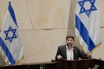 Bezalel Smotrich, Israeli Minister of Finance, addresses parliament in Jerusalem. AP