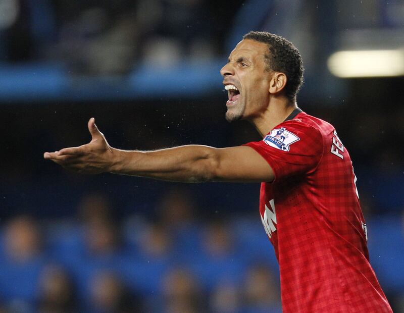 Manchester United's English defender Rio Ferdinand gestures during the English Premier League football match between Chelsea and Manchester United at Stamford Bridge in London, on October 28, 2012. Manchester United won the game 3-2. AFP PHOTO/IAN KINGTON

RESTRICTED TO EDITORIAL USE. No use with unauthorized audio, video, data, fixture lists, club/league logos or “live” services. Online in-match use limited to 45 images, no video emulation. No use in betting, games or single club/league/player publications.
 *** Local Caption ***  773444-01-08.jpg