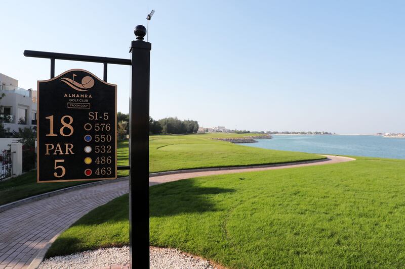 View of the par-5 18th tee at Al Hamra Golf Club in Ras Al Khaimah. 