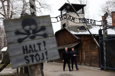 Douglas Emhoff, left, visits Auschwitz during ceremonies marking the 78th anniversary of the liberation of the camp. AP