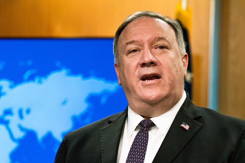 (FILES) In this file photo Secretary of State Mike Pompeo speaks during a news conference at the State Department, October 14, 2020, in Washington, DC.  US Secretary of State Mike Pompeo on October 18, 2020 said that arms sales to Iran would breach UN resolutions and result in sanctions, after Tehran said the longstanding UN embargo on arms trade with the Islamic republic had expired. "The United States is prepared to use its domestic authorities to sanction any individual or entity that materially contributes to the supply, sale, or transfer of conventional arms to or from Iran," Pompeo said in a statement.
 / AFP / POOL / Manuel Balce CENETA
