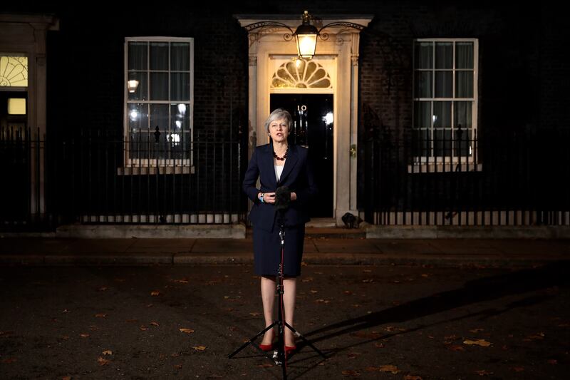 Ms May delivers a statement at Downing Street in November 2018, after the cabinet approved the wording of the draft Brexit agreement for UK withdrawal from the European Union on March 29, 2019