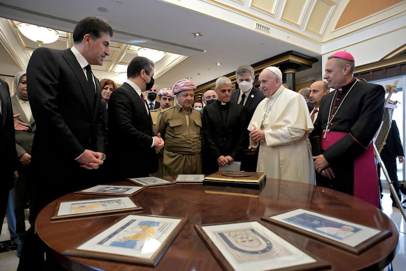 Pope Francis meeting with the President of the autonomous Kurdistan Region Nechirvan Barzani, the Prime Minister of the 9th cabinet of the Kurdistan Regional Government Mansour Barzani, and the leader of the Kurdistan Democratic Party (KDP) Masud Barzani in Arbil. AFP