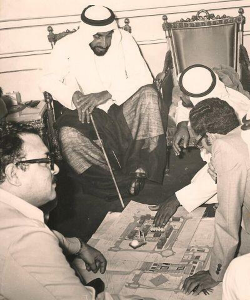 Izhar Haider, left, with Sheikh Zayed during the planning of Abu Dhabi.