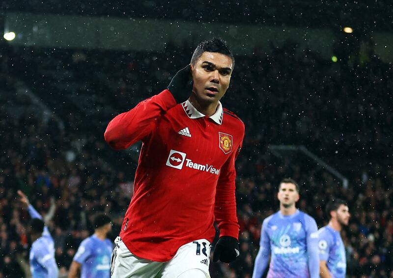 Casemiro celebrates scoring Manchester United's first goal in their 3-0 Premier League win against Bournemouth at Old Trafford, on January 3, 2023. Reuters