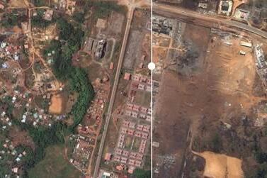 A combined image showing the Nkoantoma Military Base in Bata, Equatorial Guinea, before and after explosions ripped through it on March 9, 2021. Reuters / Maxar Technologies