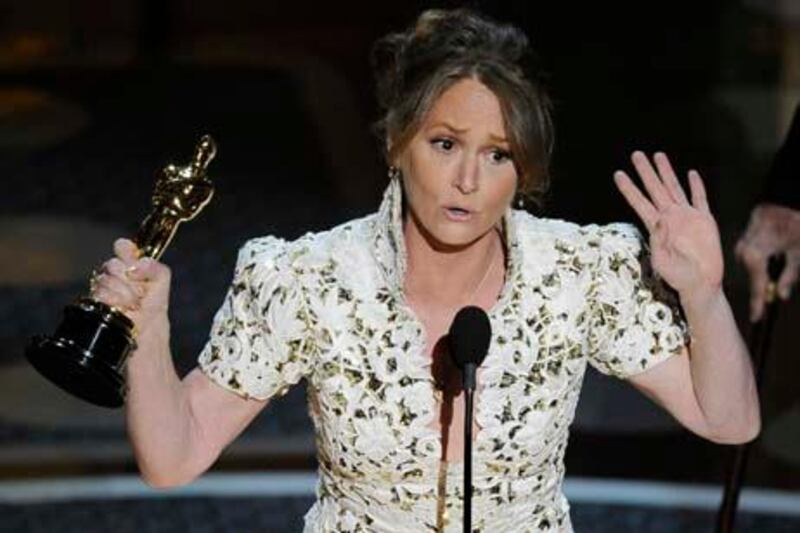 Melissa Leo accepts the Oscar for best actress in a supporting role for "The Fighter" at the 83rd Academy Awards on Sunday, Feb. 27, 2011, in the Hollywood section of Los Angeles. (AP Photo/Mark J. Terrill)