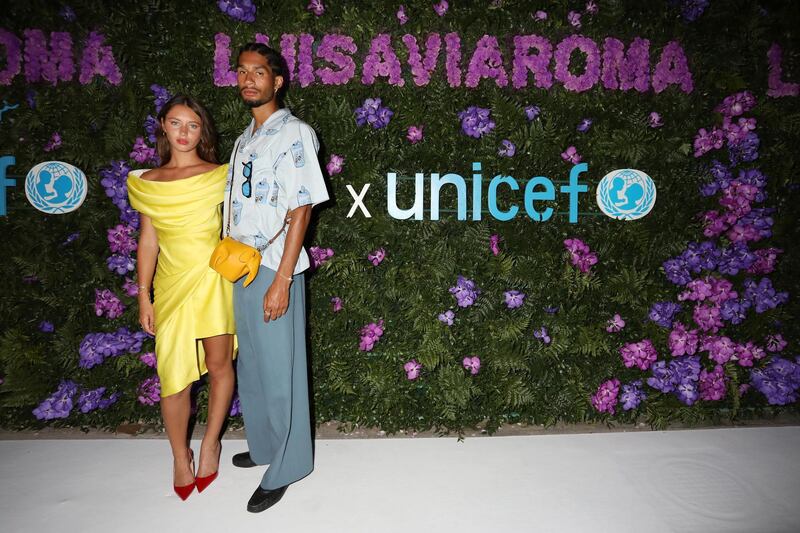 CAPRI, ITALY - AUGUST 29: Iris Law and Jyrrel Roberts  attend the photocall at the LuisaViaRoma for Unicef event at La Certosa di San Giacomo on August 29, 2020 in Capri, Italy. (Photo by Elisabetta Villa/Getty Images for Luisa Via Roma)
