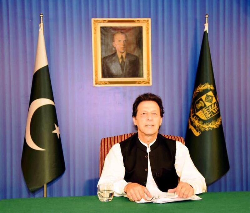 Pakistan's Prime Minister Imran Khan, speaks to the nation in his first televised address in Islamabad, Pakistan August 19, 2018. Press Information Department (PID)/Handout via REUTERS ATTENTION EDITORS - THIS IMAGE WAS PROVIDED BY A THIRD PARTY. NO RESALES. NO ARCHIVES.