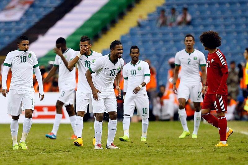 Nasser Al Shamrani (no 15) and his Saudi Arabia teammates have targeted Omar Abdulrahman, right, in the past and are expected to hand a rough treatment again. Courtesy Al Ittihad