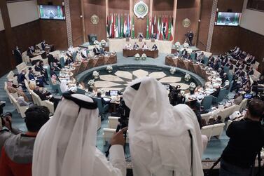 epa09048582 Arab foreign ministers holding the 155th ordinary session at the Arab League headquarters in Cairo, Egypt, 03 March 2021 EPA/KHALED ELFIQI