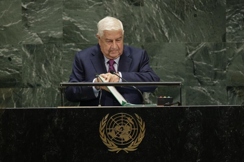 NEW YORK, NEW YORK - SEPTEMBER 28: Syria's Foreign Minister Walid Muallem arrives to speaks at the 74th United Nations (U.N.) General Assembly on September 28, 2019 in New York City. The United Nations General Assembly, or UNGA, is expected to attract 84 heads of state and 44 heads of government in New York City for a week of speeches, talks and high level diplomacy concerning global issues. New York City is under tight security for the annual event with dozens of road closures and thousands of security officers patrolling city streets and waterways.   Kena Betancur/Getty Images/AFP
== FOR NEWSPAPERS, INTERNET, TELCOS & TELEVISION USE ONLY ==

