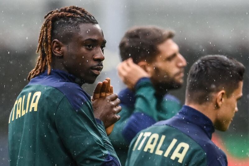 Italy's forward Moise Kean, left, at the training session on Tuesday. AFP