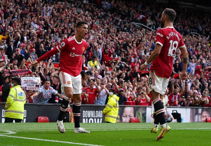Cristiano Ronaldo celebrates after scoring Manchester United's first goal against Newcastle United at Old Trafford on Saturday September 11. Getty