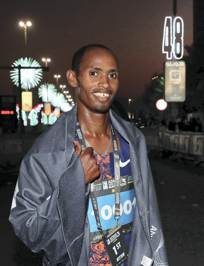 Abu Dhabi, United Arab Emirates - December 06, 2019: Winner of the 10K Teresa Nyakola Gela in the ADNOC Abu Dhabi marathon 2019. Friday, December 6th, 2019. Abu Dhabi. Chris Whiteoak / The National