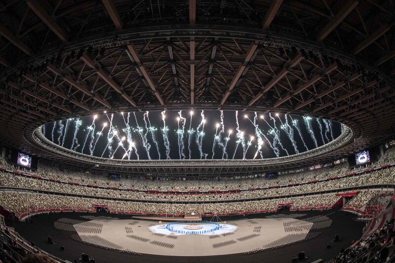 Fireworks during the opening ceremony for the Tokyo 2020 Paralympic Games. AFP