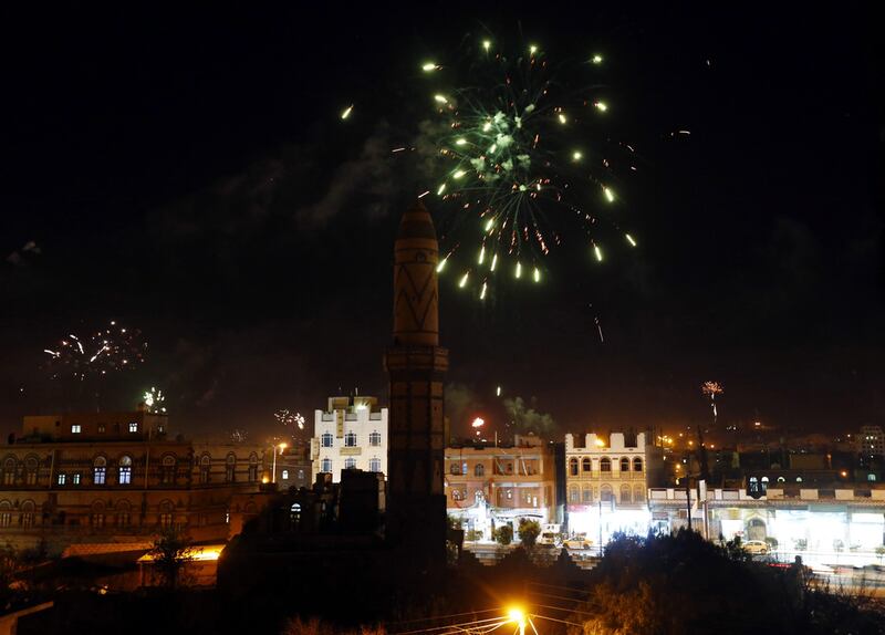 Houthis set off fireworks to celebrate the announcement of a new transitional council in Sanaa on February 6, 2015 as the Shiite rebels dissolved parliament and took over control in the country. Yahya Arhab/EPA