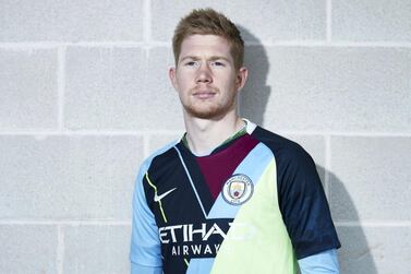 Kevin De Bruyne sports the new celebration mashup shirt. Courtesy Manchester City