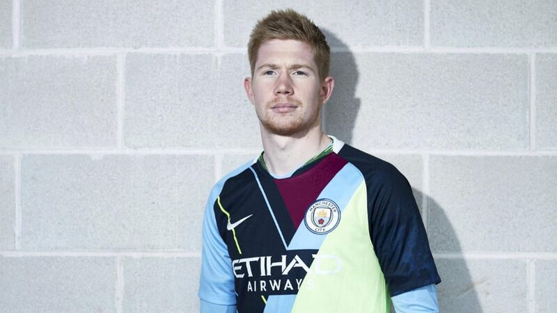 Kevin De Bruyne sports the new celebration mashup shirt. Courtesy Manchester City