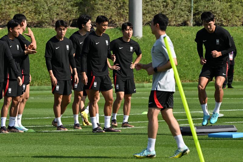 South Korean players take part in a training session at Al Egla. AFP