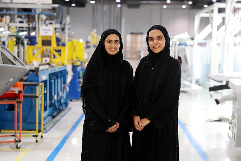 AL AIN , UNITED ARAB EMIRATES , JULY 2 – 2018 :- Left to Right - Maryam Hamad Helal Al Kuwaiti , Manufacturing Engineer and Naseefa Slayem AlAmeri , Tooling Engineer at the Strata Manufacturing facility in Al Ain. ( Pawan Singh / The National )  For News. Story by John Dennehy