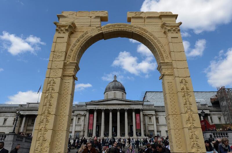 A replica of the Triumphal Arch at Palmyra is unveiled at Trafalgar Square on April 19.  Chris Ratcliffe / Getty Images