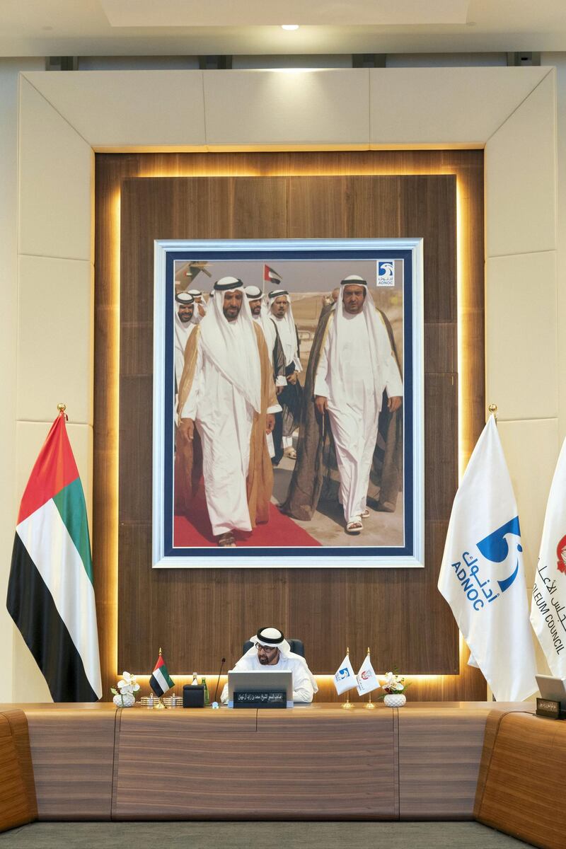 ABU DHABI, UNITED ARAB EMIRATES - November 04, 2018: HH Sheikh Mohamed bin Zayed Al Nahyan, Crown Prince of Abu Dhabi and Deputy Supreme Commander of the UAE Armed Forces (C) chairs a Supreme Petroleum Council meeting at the Abu Dhabi National Oil Company (ADNOC) Headquarters.
( Mohamed Al Hammadi / Ministry of Presidential Affairs )
---
