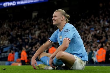Manchester City's Erling Haaland celebrates after scoring his side's second goal during the English Premier League soccer match between Manchester City and West Ham United at Etihad stadium in Manchester, England, Wednesday, May 3, 2023.  (Martin Rickett / PA via AP)