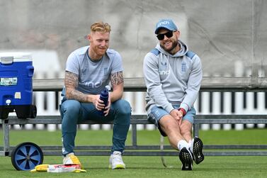 LONDON, ENGLAND - MAY 30: England captain Ben Stokes (l) shares a joke with new head coach Brendon McCullum during an England nets session ahead of the test series against New Zealand at Lord's Cricket Ground on May 30, 2022 in London, England. (Photo by Stu Forster / Getty Images)