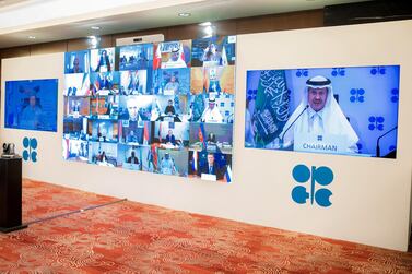 Saudi Arabia's energy minister Prince Abdulaziz bin Salman speaks via video link during the virtual emergency meeting of Opec and non-Opec countries. Reuters.